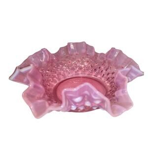 Vintage Fenton Pink Opalescent Hobnail Ruffle Trinket Dish 6.5" Opening